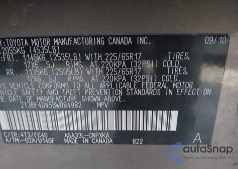 2011 Toyota Rav4 z USA, uszkodzony, nr VIN 2T3BF4DV5BW084982